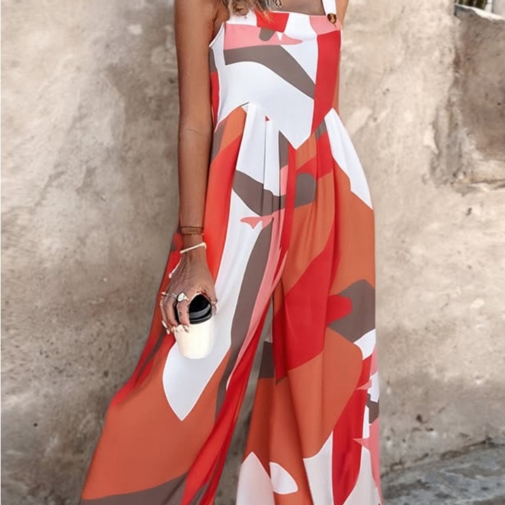 Red and Orange Wide-Leg Jumpsuit with Abstract Print